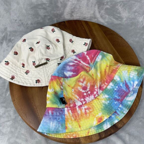 Lot of 2 Bucket Hats Tie Dye Floral Embroidered Cotton Summer Vacation Hippie - Picture 2 of 16